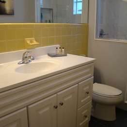 Main bathroom with walk-in shower and large vanity