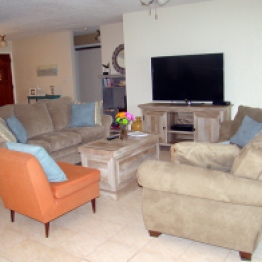 Large, comfy living room with queen-size sofa bed and large TV with cable.