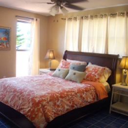 Master bedroom with en-suite 1/2 bathroom, overlooks the front patio and palm trees, includes 44" tv, designer linens, ceiling fan, and alarm clock.